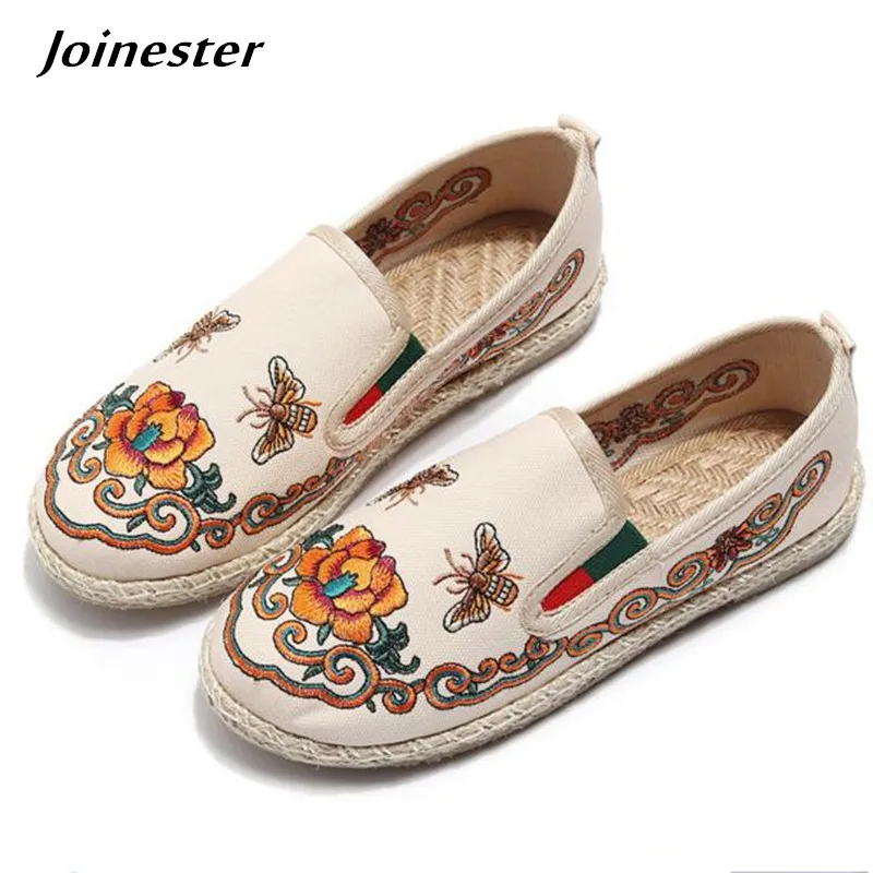 Лоферы женские парусиновые в этническом стиле повседневные туфли на плоской