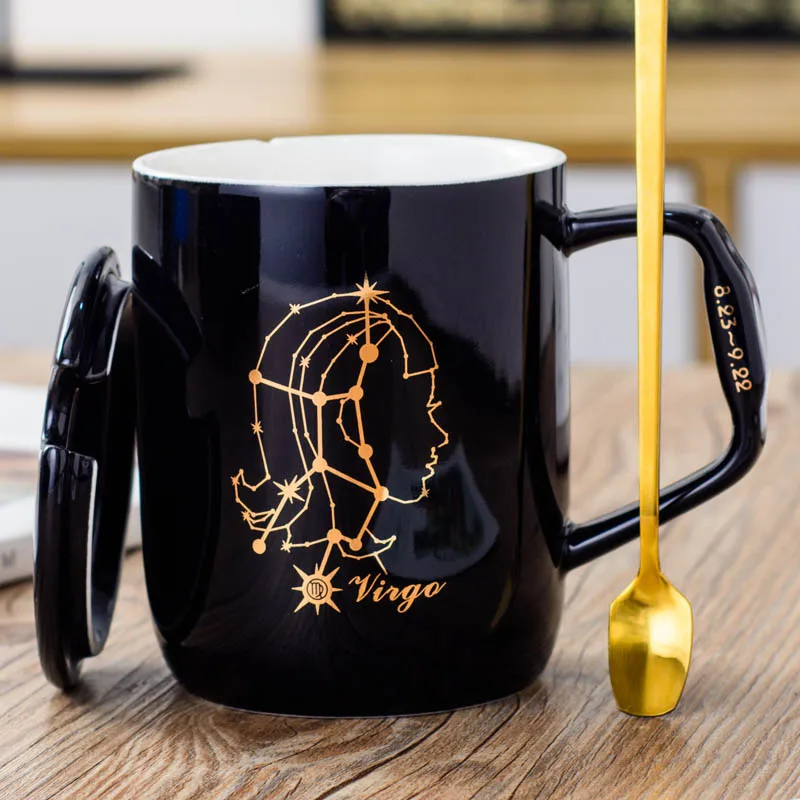 Virgo (black) 12 созвездие керамическая кружка с покрытой ложкой креативная черная и белая Пара кофейная чашка ins чашка для воды - Цвет: Virgo (black)