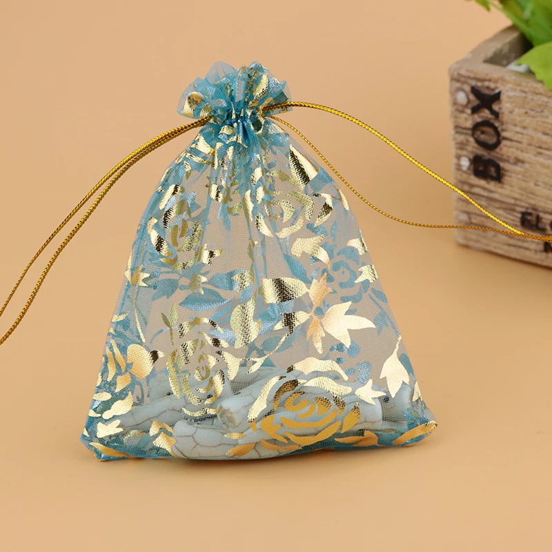 

9x12cm (3.54"x4.72")200pcs Lake Blue Rose Brozning Popular Organza Jewelry Gift Bags Cheap Organza Pouches Christmas Bags