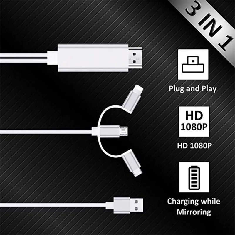 3-в-1 Lighting/USB C Тип C/микро USB для hdmy кабеля переходника цифровой HD 1080 P HDMI кабель для ТВ для Iphone samsung
