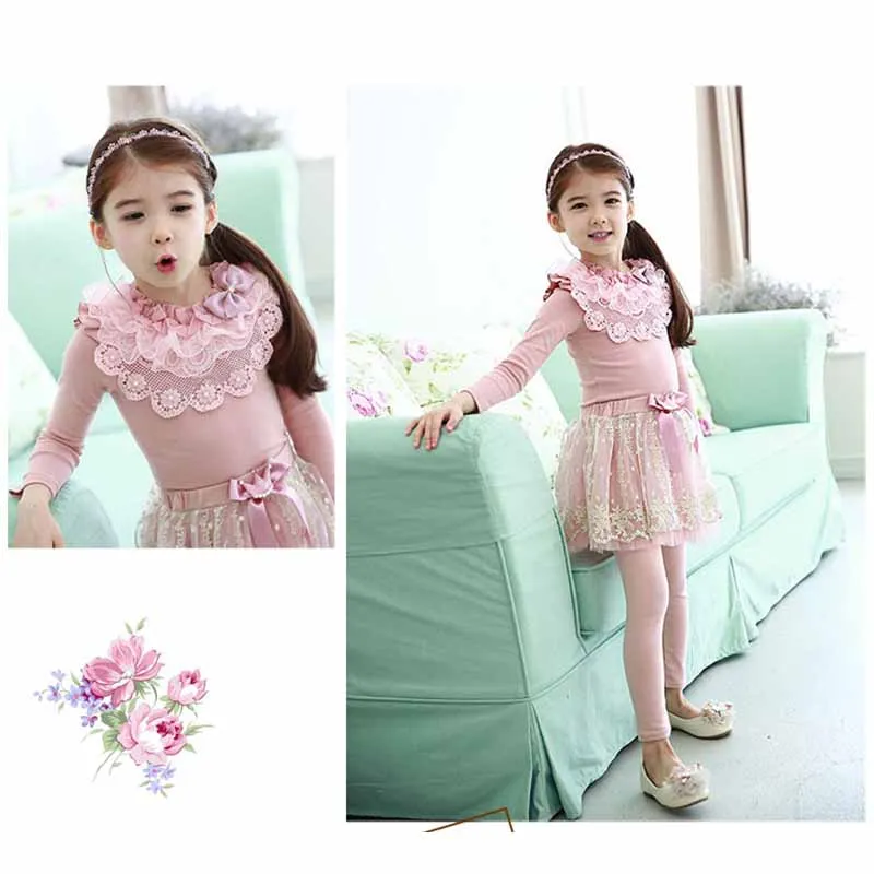 Хлопковая кружевная рубашка с длинными рукавами для маленьких девочек От 2 до 7