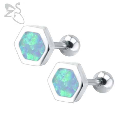 Hexagon Light Blue ZS синий опал серьги-гвоздики ювелирные изделия из нержавеющей стали для женщин натуральный Опал серьги пирсинг хряща уха ювелирные изделия для детей - Окраска металла: Hexagon Light Blue