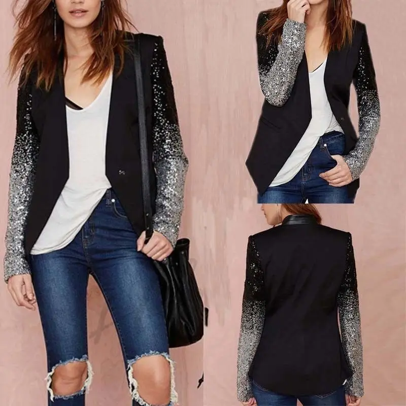 Женщина блейзер ол тонкий куртка с длинными рукавами Sequins женские Топы короткий кардиган блузка