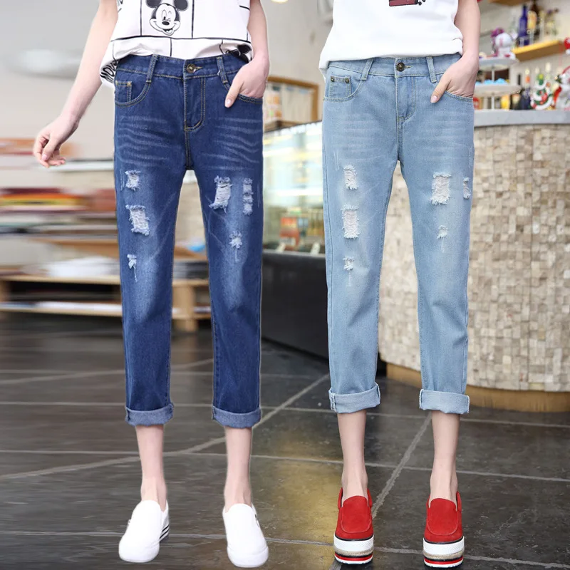 

Женские рваные джинсы, свободные шаровары до щиколотки синего цвета с дырками, модель размера плюс