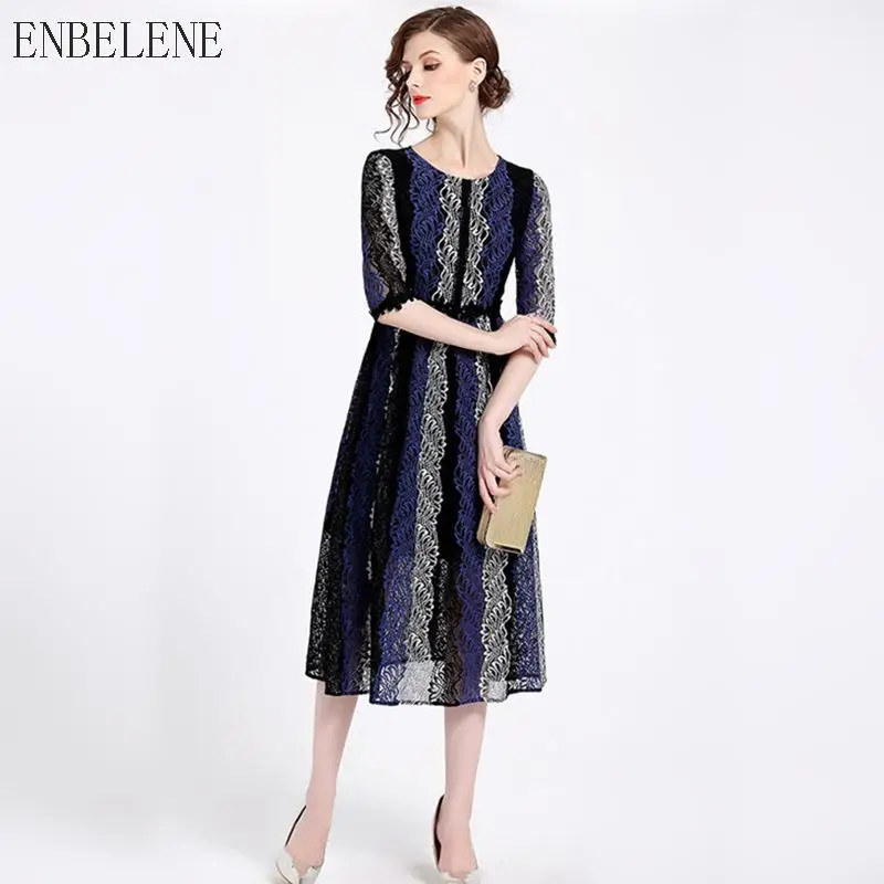 2018 весенние дамы кружева платье с цветочным рисунком в полоску рукавом три