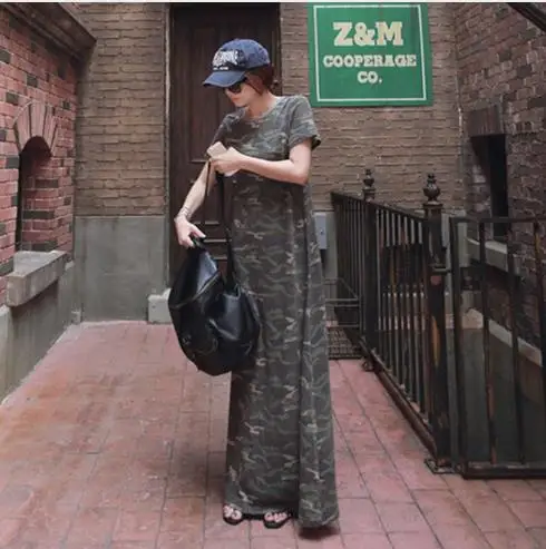 Камуфляжное длинное платье в стиле милитари макси Харадзюку LJ289 | Женская одежда