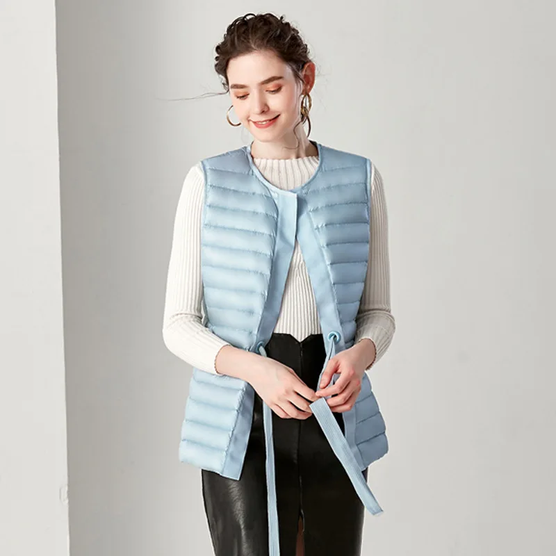 

2020 New Women Lacing Down Coat Vest Slim Noble Pure Color Female Winter Jacket Waistcoat S M L XL XXL