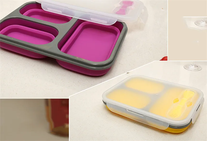 3 ячейки, силиконовый портативный складной Ланч-бокс Bento с замком, безопасный микроволновый бенто складной контейнер для пищевых продуктов для детей