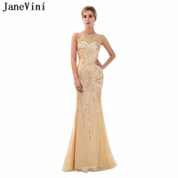 janevini elegant champagne tulle long bridesmaid dresses 2018 luxury crystal beads zipper back mermaid formal pageant prom gowns