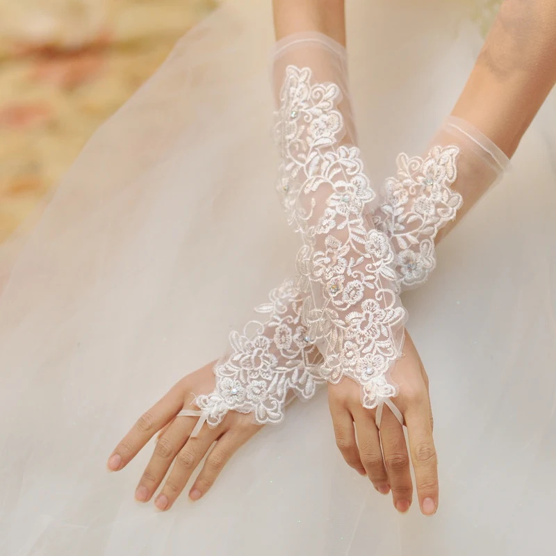 

Long lace bride wedding gloves transparent gauze embroidered fingerless gloves beige
