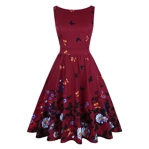 Бургундия MISSJOY Vestidos de fiesta рождественские вечерние платья трапециевидной формы без рукавов с принтом бабочки в винтажном стиле для женщин robe noel bohemian Ebise - Цвет: Бургундия