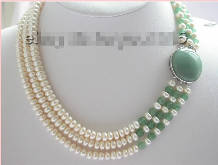

3rows genuine Natural White Baroque Pearl green Necklace