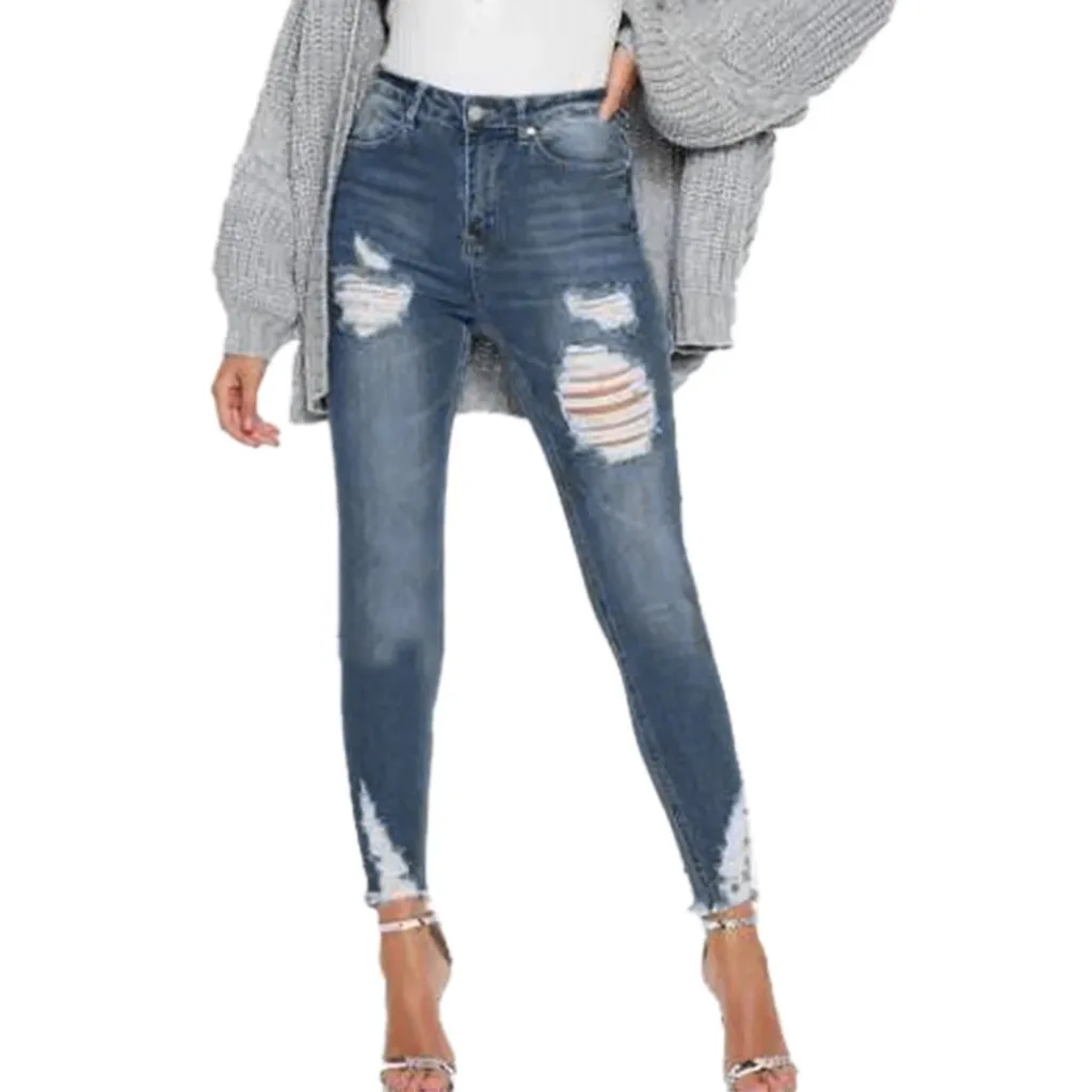 Женские летние брюки повседневные для девушек синие порванные до середины талии