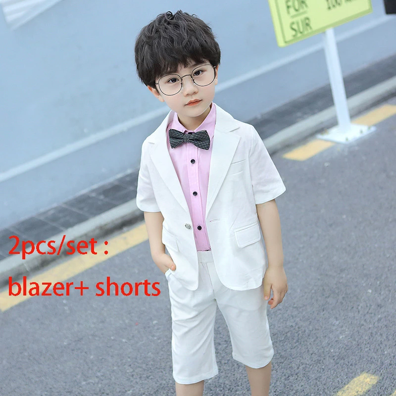 white 2pcs Детское летнее платье; комплект с цветочным узором для мальчиков; платье для свадьбы, дня рождения, выступления; костюмы; детский Блейзер; комплекты с шортами - Цвет: white 2pcs