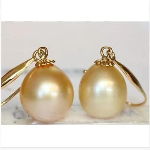 pair 11-12mm south sea gold pearl dangle earring14k