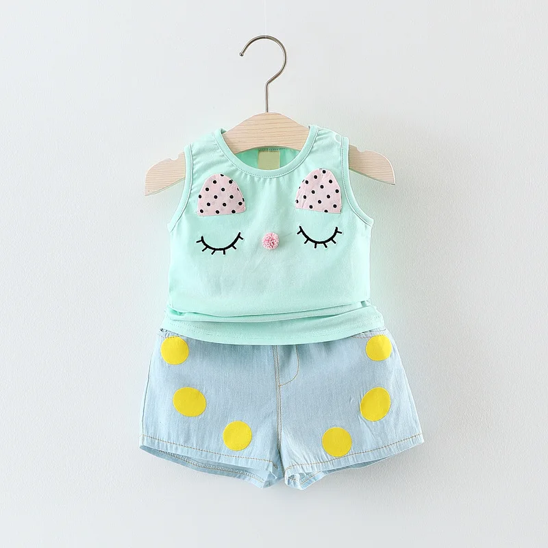 Лето детские Наборы Девушки Рукавов Точка Мультфильмы Pattern футболки + Dot Шорты