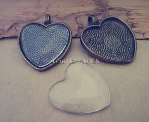 

10set/lot 25mmx26mm Antique Bronze Love heart shape Pendant Base tray with glass
