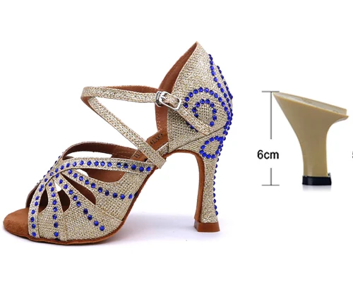 Gold heel 6cm WUXIJIAO Женская Латинская танцевальная обувь атласные стразы вечерние танцевальная обувь Сальса Танцевальная обувь Каблук 9 см Золотой/Серебряный цвет мягкая подошва - Цвет: Gold heel 6cm