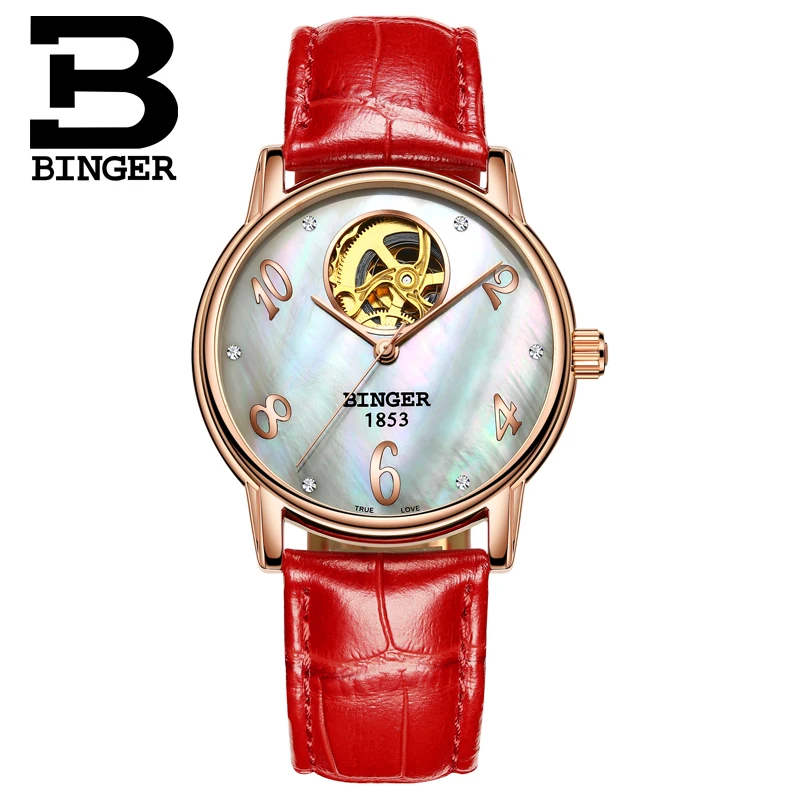 Luxury Women Red Leather Strap Watches Sapphire Hollow Self Winding Mechanical Watch Shell Business Wrist watch Crystals Montre