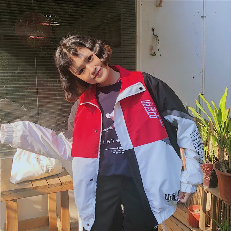 Spring autumn hip hop ulzzang Korean fashion Women's Clothing Harajuku loose Unisex letter print paneled turtleneck Coat Jackets | Женская