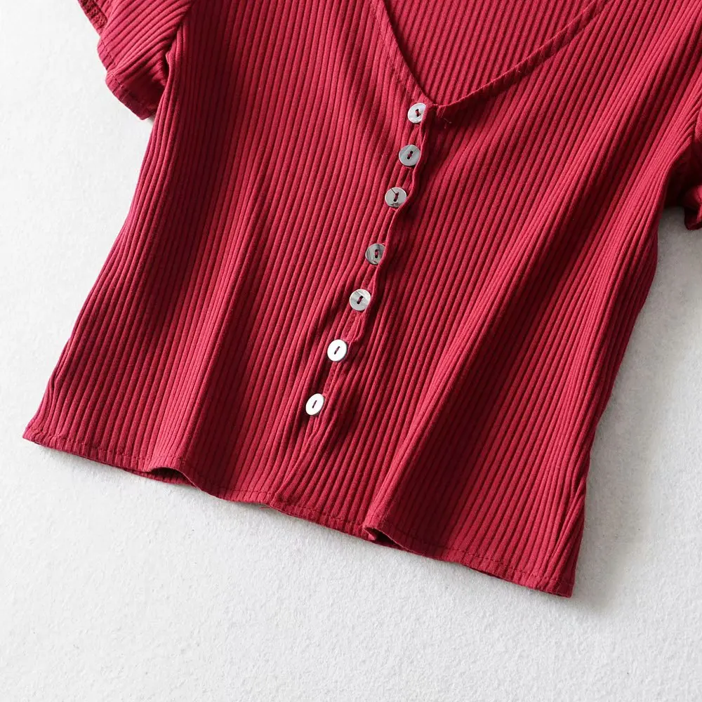 Женская винтажная блузка на пуговицах укороченный топ с коротким рукавом и v