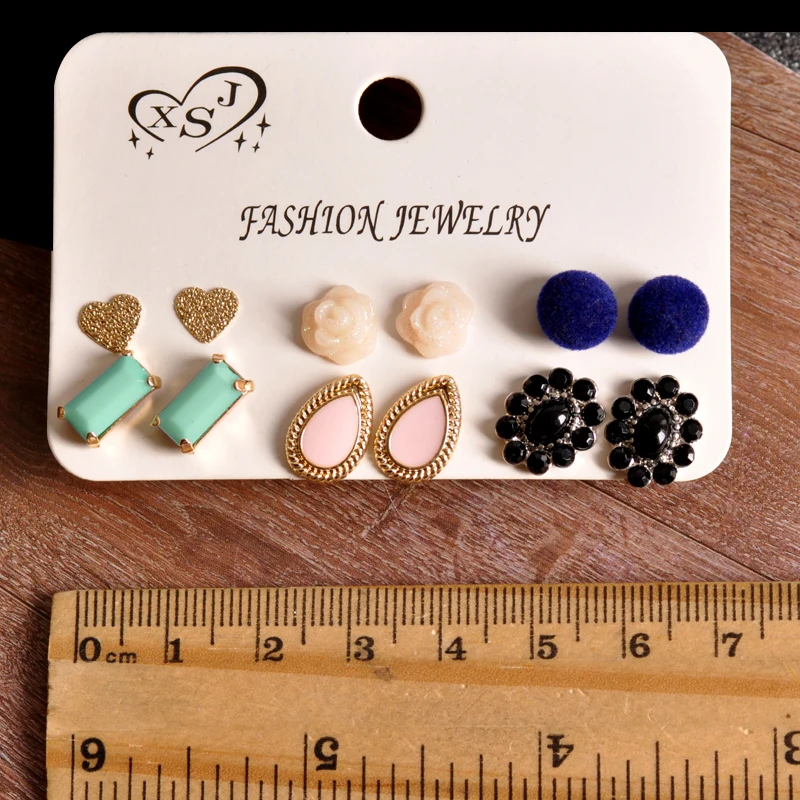 Серьги-гвоздики женские зеленые/розовые/черные 6 парций/компл. | Украшения и