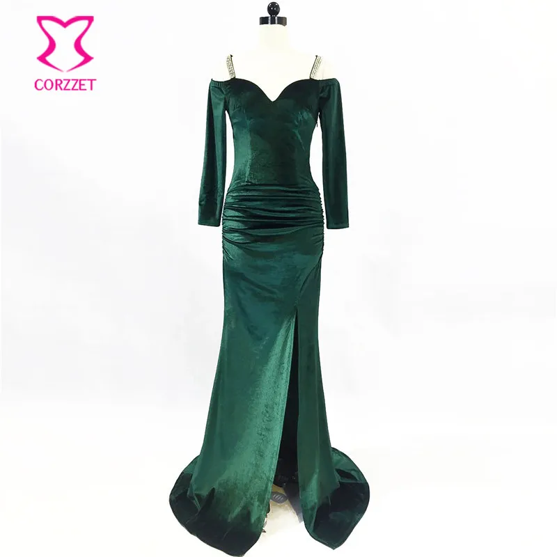 Зеленые бархатные стразы на бретельках с вырезом лодочкой и V образным Длинные