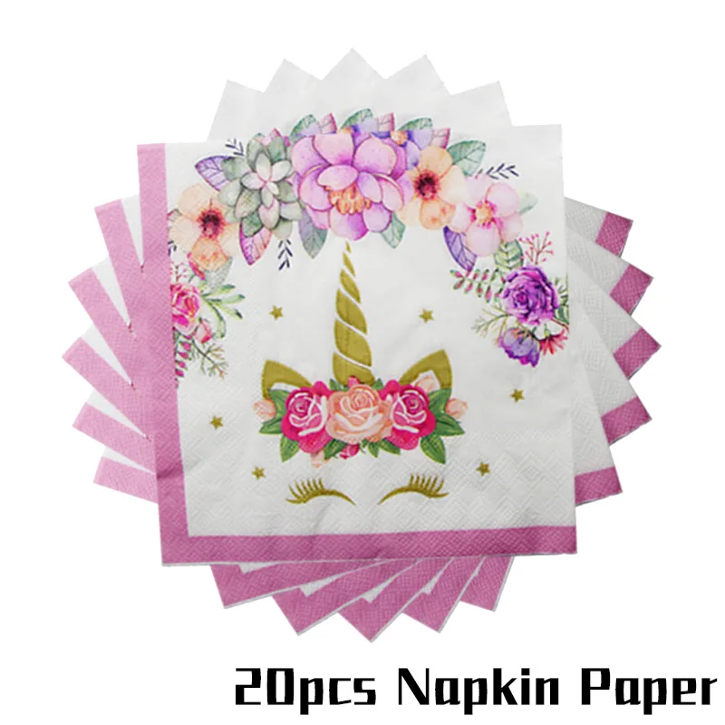 20pcs Paper Napkins Скатерть с единорогом для детской вечеринки на день рождения, вечерние одноразовые скатерти и столовые приборы, свадебные украшения, товары для детского душа - Цвет: 20pcs Paper Napkins