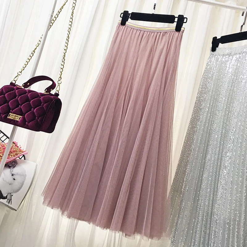 Юбки из тюля Женские Jupe Longue 2020 Повседневная летняя Осенняя Wild Harajuku Эластичная