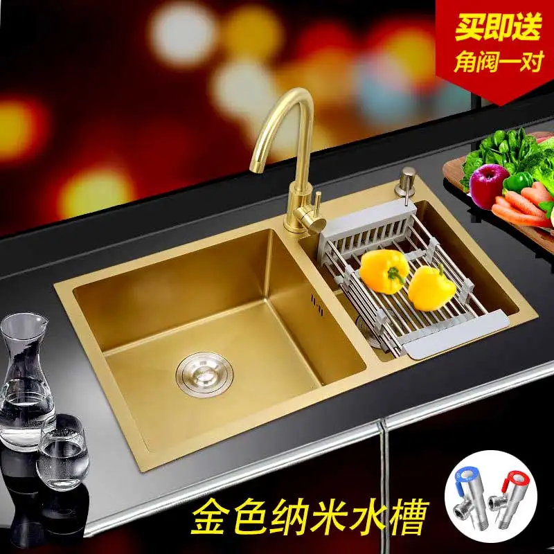 304Stainless Steel Kitchen Sinks Gold Hand-thickened 4mm Double Bowl with tap Above Counter Nano-coating Vegetable Washing | Обустройство