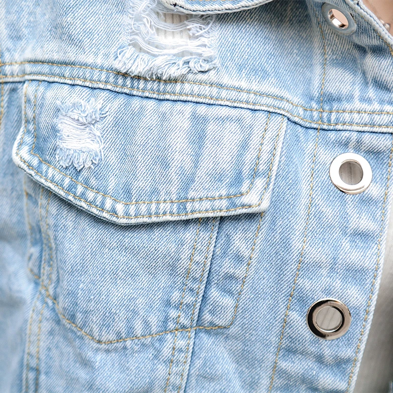 Женские винтажные джинсовые куртки с отложным воротником Потертая джинсовая
