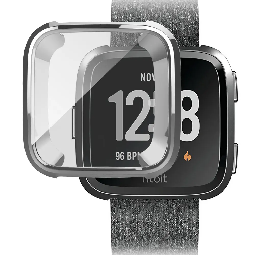 Серебристый NYFundas 360 градусов Чехол для Fitbit Versa часы ТПУ покрытие экрана протектор усиленный чехол для Fit Bit Versa аксессуары для часов - Цвет: Серебристый
