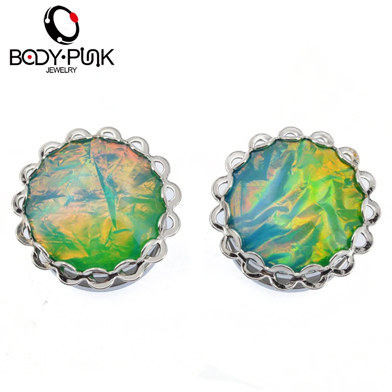 

BODY PUNK Stainless Steel Green Blue Mix Foil Filigree Plug Ear Double Flared Ear Plug Tunnel Earring Ear Gauge Piercing Jewelry