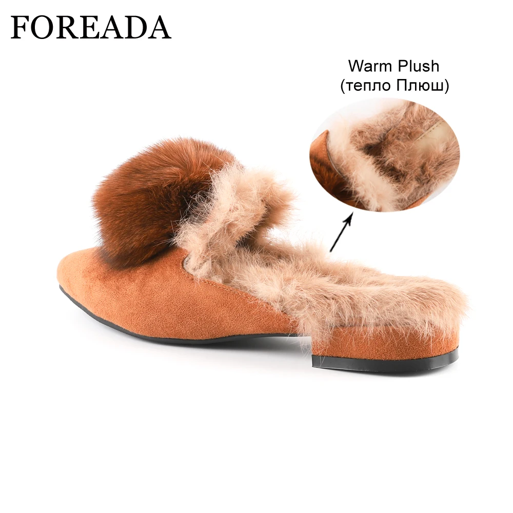 Женские мюли FOREADA зимние замшевые тапочки их меха под кролика на плоской подошве