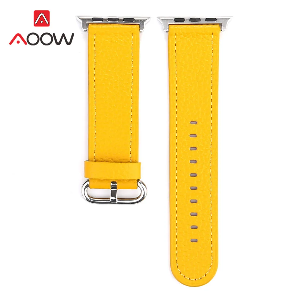 Yellow Ремешок из натуральной кожи для Apple Watch 38 42 мм 40 44 мм модный простой Желтый Сменный браслет ремешок для iwatch 123 4 - Цвет ремешка: Yellow