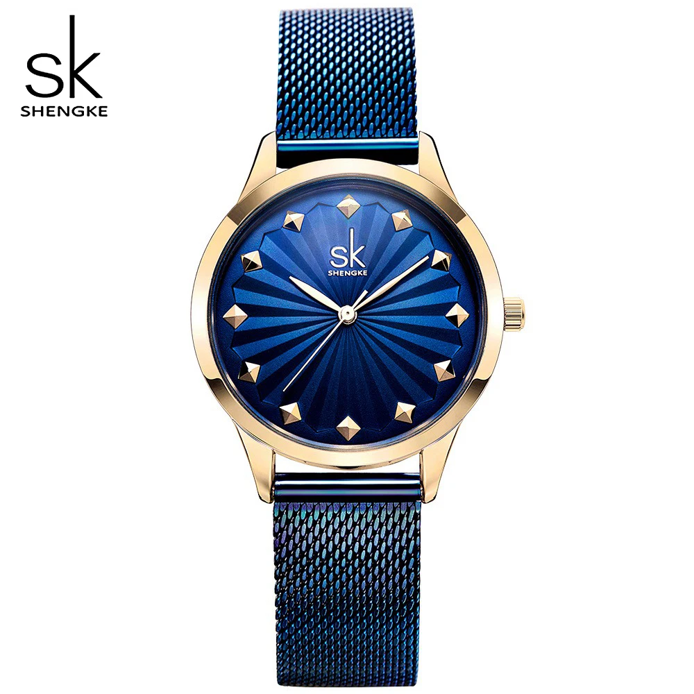 Модные женские часы синие из нержавеющей стали с сетчатым ремешком кварцевые