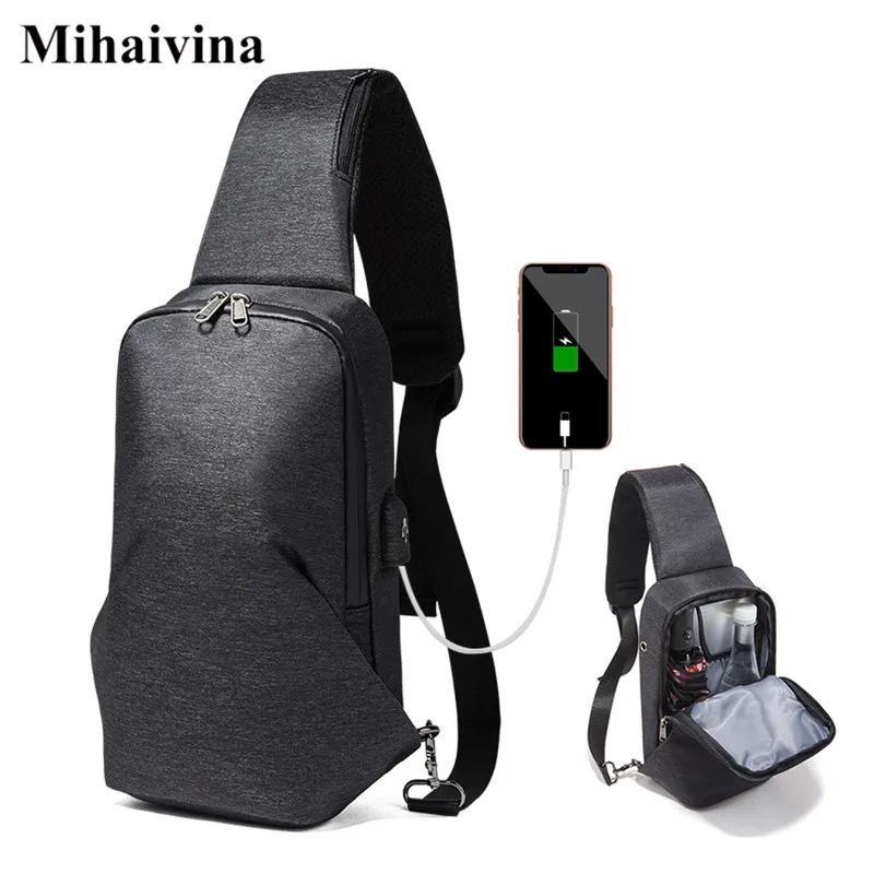 Мужская нагрудная сумка Mihaivina черная с usb зарядкой водоотталкивающая дорожная