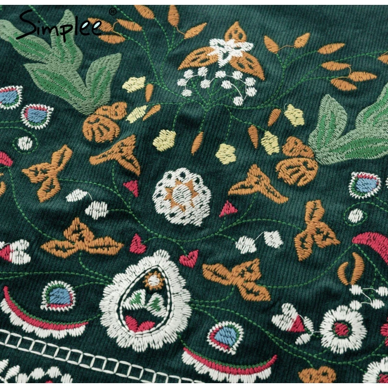 Simplee винтажная юбка с высокой талией, Женская юбка-карандаш Boho, Вельветовая Зимняя юбка, Женская Осенняя сексуальная Зеленая мини-юбка с вышивкой