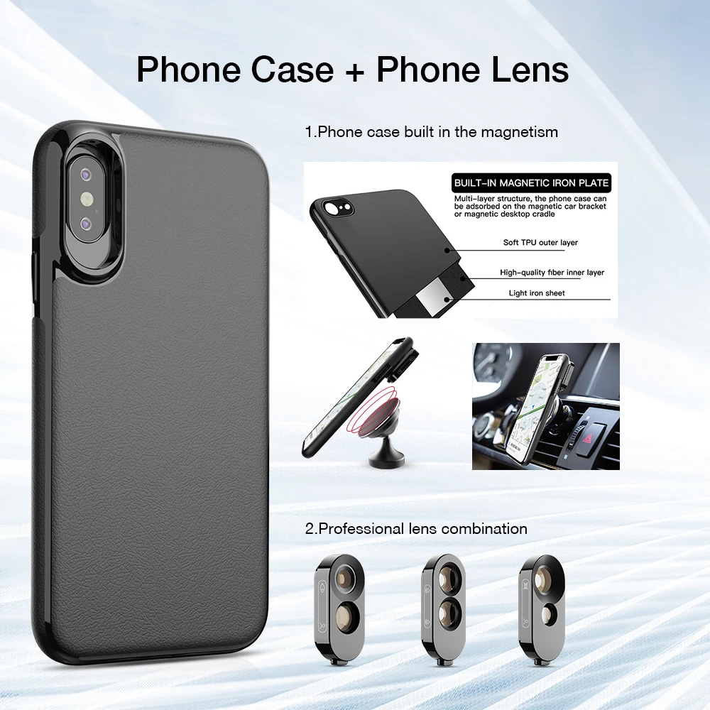 3 in 1 PU Leather Phone Case For Camera Lens Kit Dual Macro Wide Angle Telephoto Fisheye Lenses iPhone X XS Max | Мобильные телефоны
