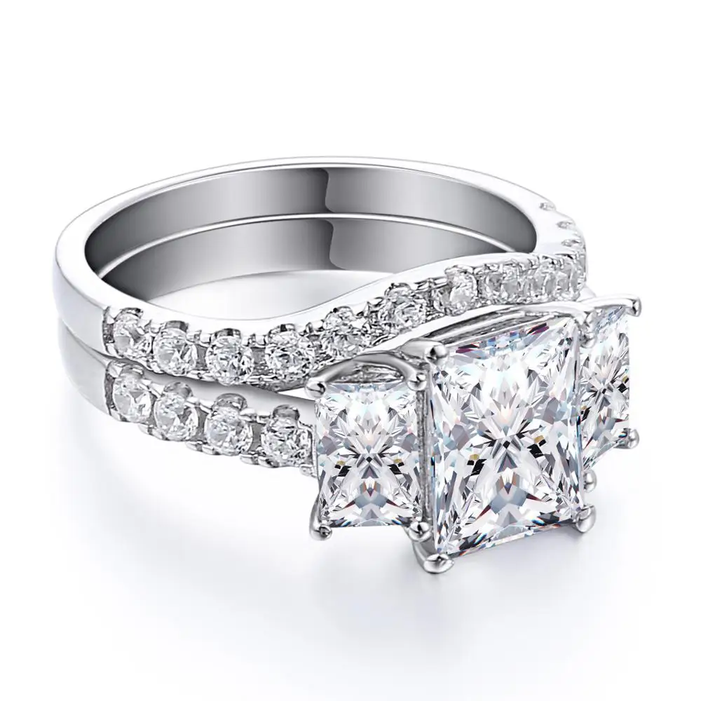 925 Sterling Silver 4.9 Carat CZ Paved Wedding Band Bridal Ring Sets Women 3 Stone Cubic Zirconia Eternity Engagement Rings SR07 | Украшения