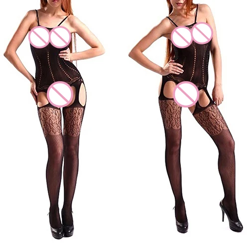 

Women's Body Stocking Open Crotch Lace Flower Sexy Black Sleepwear Jumpsuit