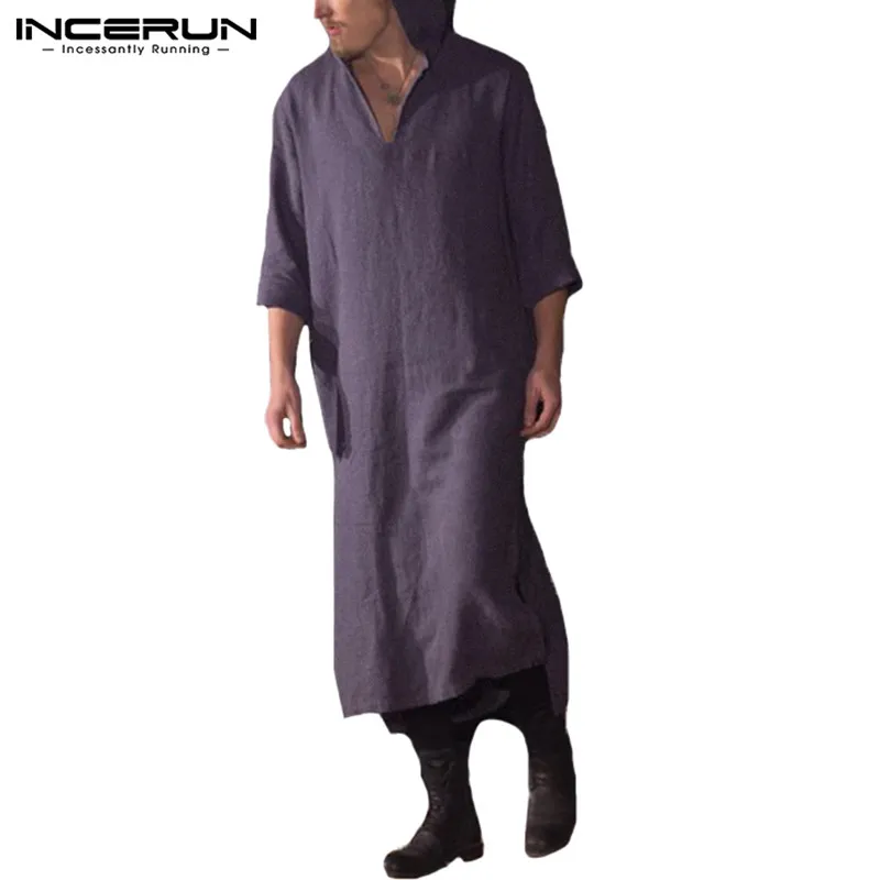 Purple INCERUN для мужчин, мусульманский кафтан с капюшоном, длинный рукав, винтажное Свободное платье, мужские халаты, Саудовская Аравия, мусульманская одежда размера плюс - Цвет: Purple