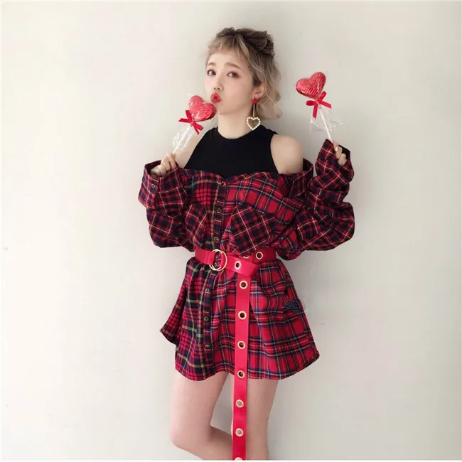 with red belt Элегантный комплект из двух предметов с открытыми плечами, клетчатые Лоскутные Длинные рубашки, Женские топы и блузки, Женская туника с длинным рукавом, топы, блузы - Цвет: with red belt