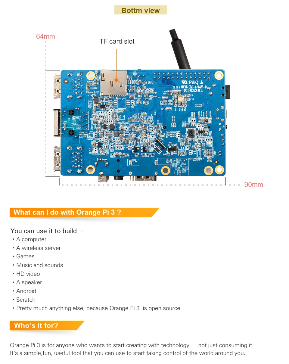 Оранжевый Pi 3 Set5: OPI 3+ USB к DC 4,0 мм-1,7 мм кабель питания, H6 2 Гб LPDDR3 BT5.0 для Android 7,0, Ubuntu, Debian