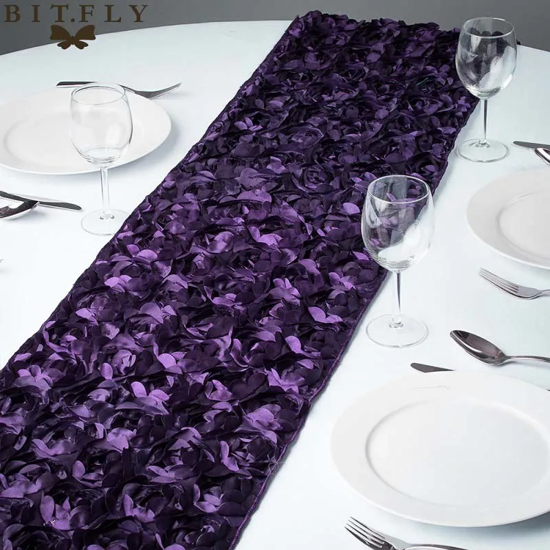 purple Новые модные атласные настольные дорожки с розочками 30x275 см, 3D грандиозная Роза, украшения для свадебной вечеринки, домашний текстиль, настольные дорожки - Цвет: purple