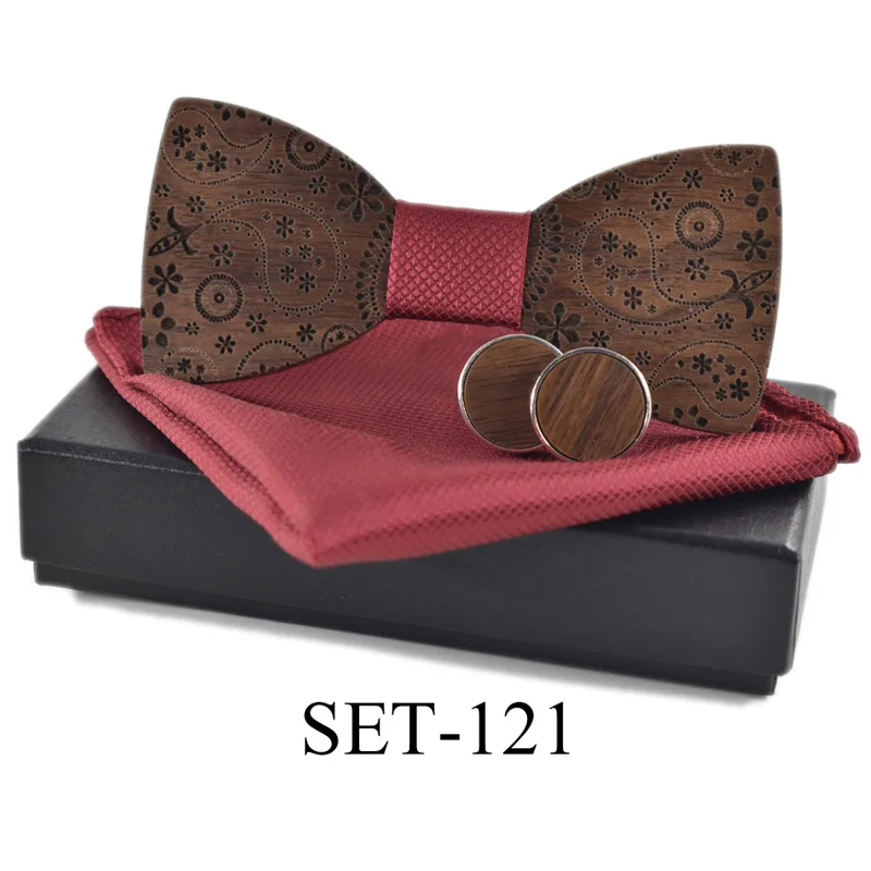 SET-121 Новинка, деревянный галстук, запонки, косынка, модный деревянный галстук-бабочка, Свадебный, с принтом, ручная работа, корбата, деревянные Галстуки, набор Gravata - Цвет: SET-121