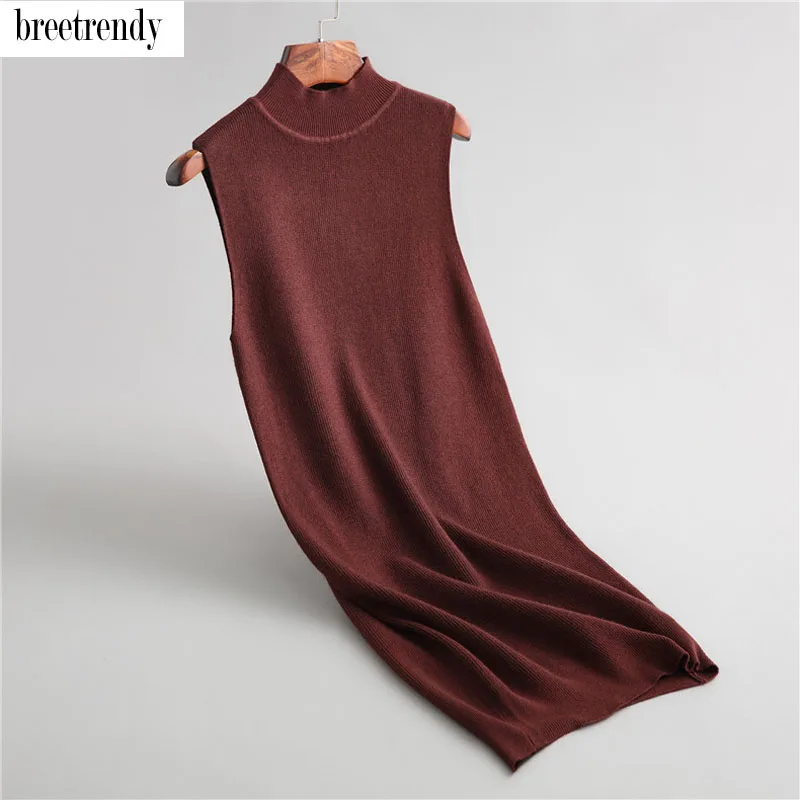 wine red Осенняя мода, женское короткое одноцветное платье с высоким воротником, элегантное вязаное платье, женское облегающее платье-свитер без рукавов, Платья vestidos - Цвет: wine red
