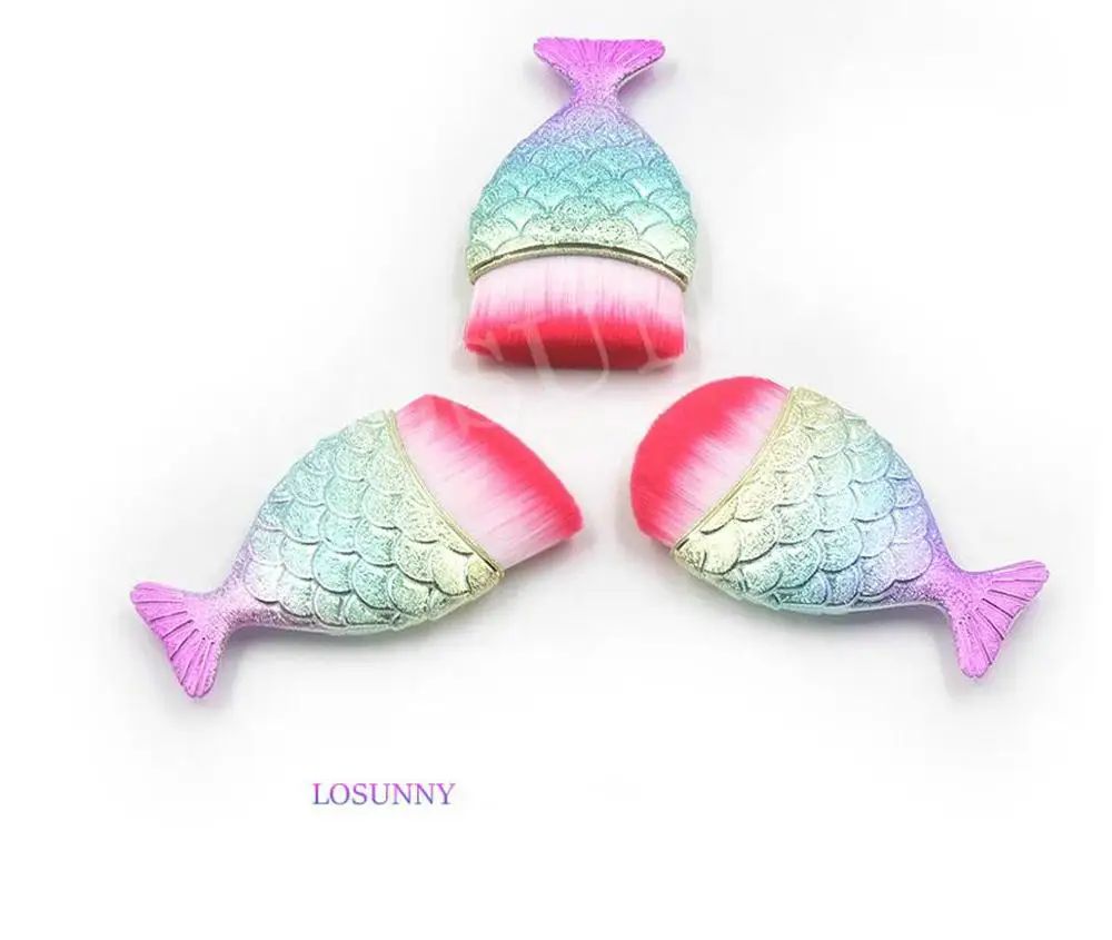 Многоцветный LOSUNNY 3 шт наборы одна маленькая рыбка Нижняя щетка хвост русалки Кисть для макияжа волоконные волосы макияж кисти черная ручка - Handle Color: Многоцветный