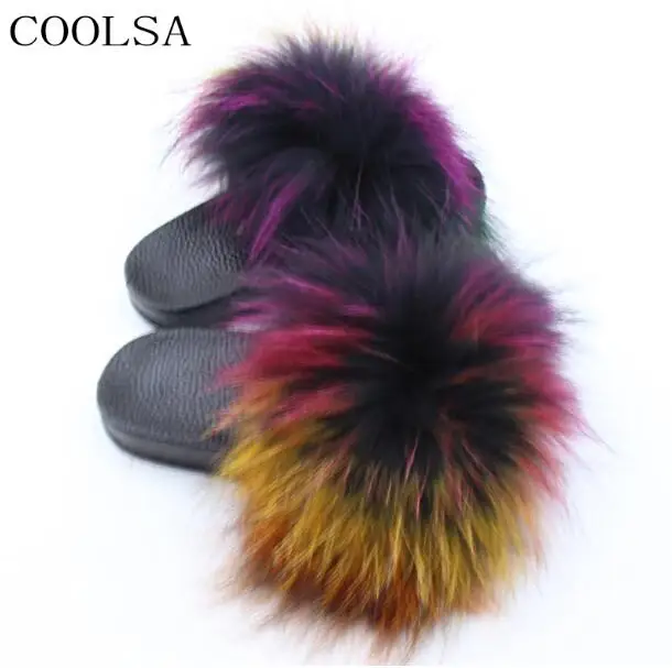 Multicolor COOLSA/детские меховые тапочки; домашние теплые пушистые тапочки из лисьего меха для девочек; Плюшевые сандалии из ПВХ на плоской подошве; детские тапочки на заказ - Цвет: Multicolor