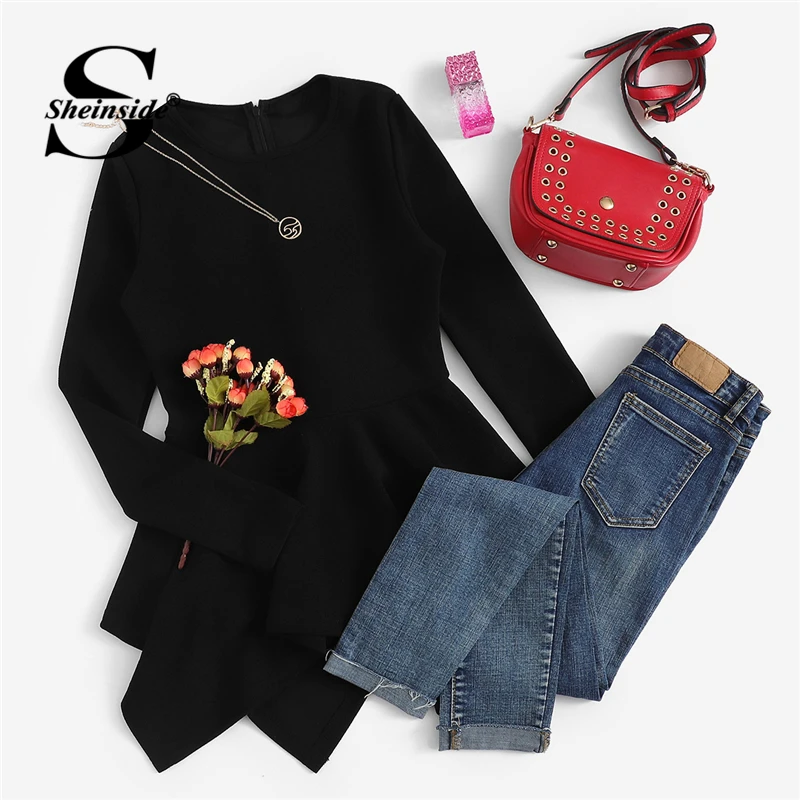Sheinside, элегантная Офисная Женская футболка с длинным рукавом, Женская Асимметричная футболка с баской, черные рубашки, осень, женские Топы s
